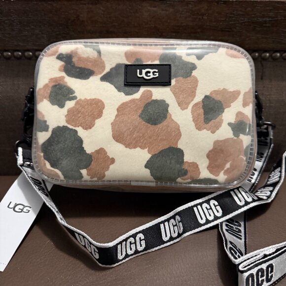 UGG JANEY II CLEAR CALF HAIR CROSSBODY CAMERA BAG Animal Print Brown Black - Picture 3 of 16